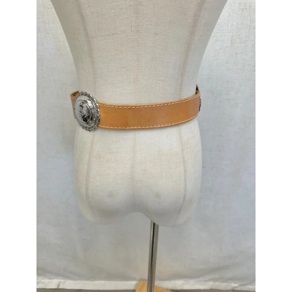 Carole Little Tan Leather Silver Concho Belt Womens Size M Western Boho 90s